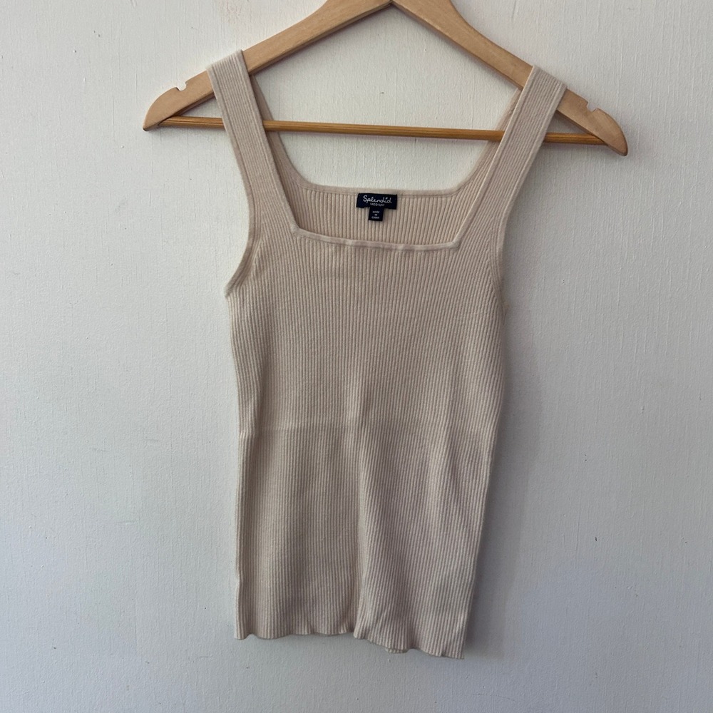 Splendid Knit Tank Top Women Medium Beige Ribbed Square Neck Minimalist
